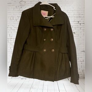 Olive Green Double-Breasted  Peacoat Jacket Women’s Large Winter Warm Cozy Lined